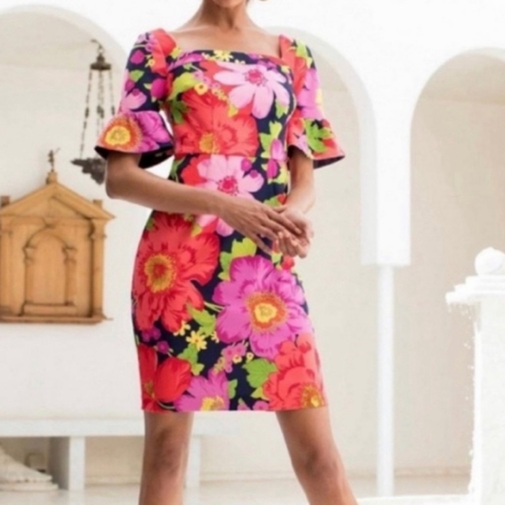 Trina Turk Kanan Square Neck Ruffle Floral Shift Dress